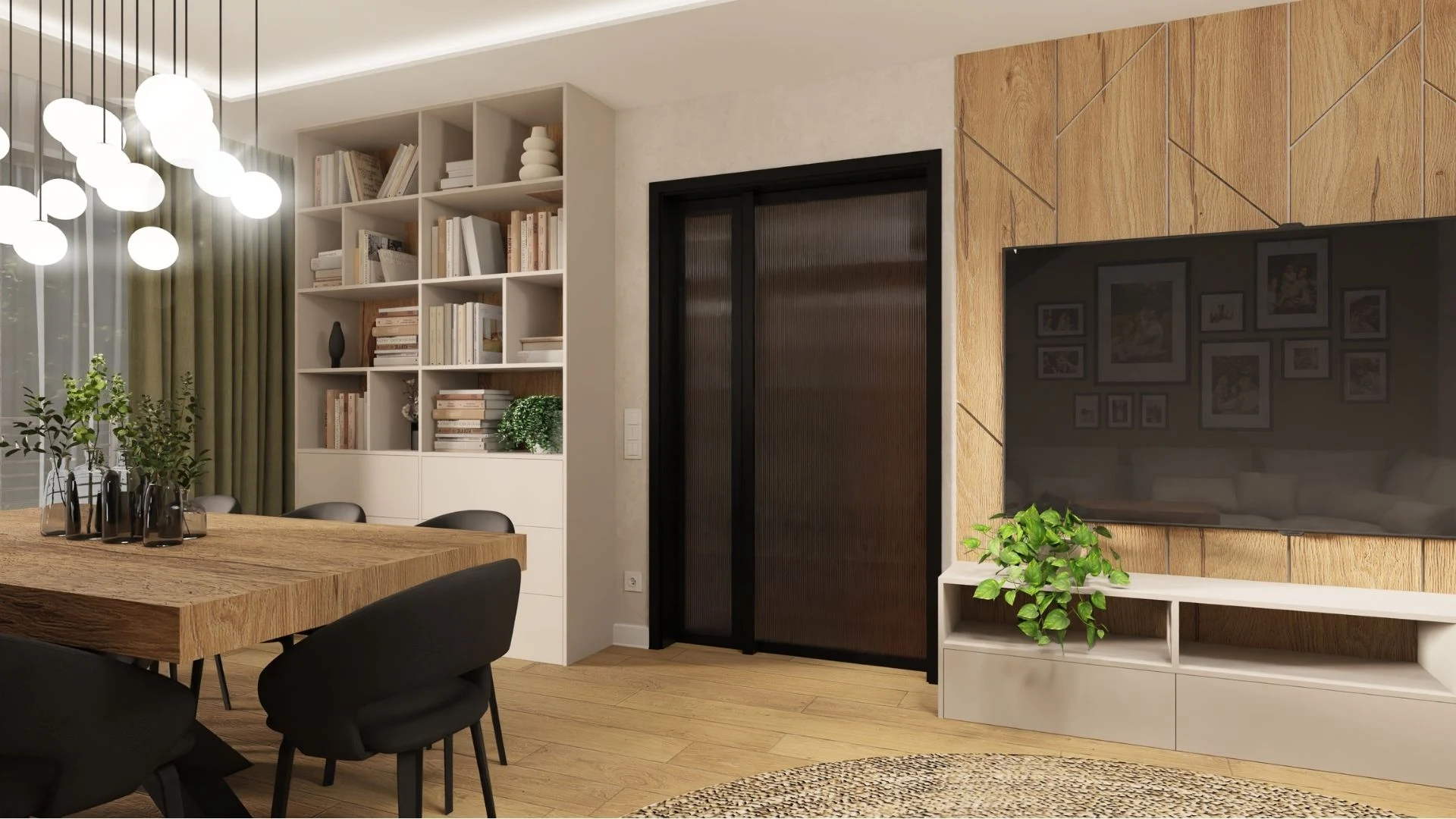 Stylowa jadalnia z drewnianym stołem