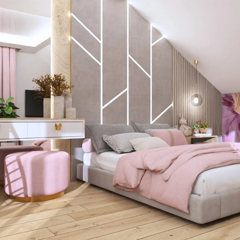 Nowoczesny pokój Laury z szarym łóżkiem, różowymi akcentami i drewnianą podłogą